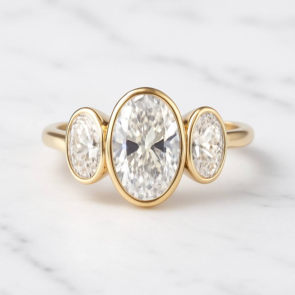 Three Stone Oval Engagement Ring Bezel Set | Lab Grown Diamond | 14K Yellow Gold Classic Bridal Design