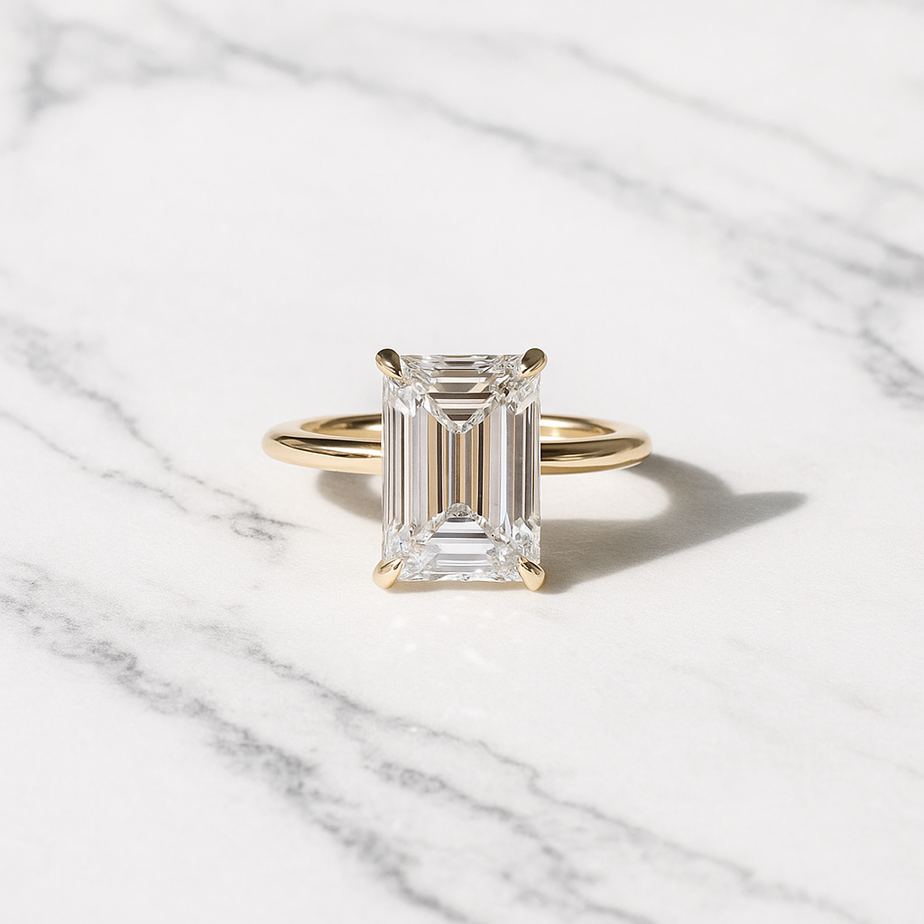 Classic Solitaire Emerald Engagement Ring | Lab Grown Diamond | 14K Yellow Gold Fine Bridal Jewelry