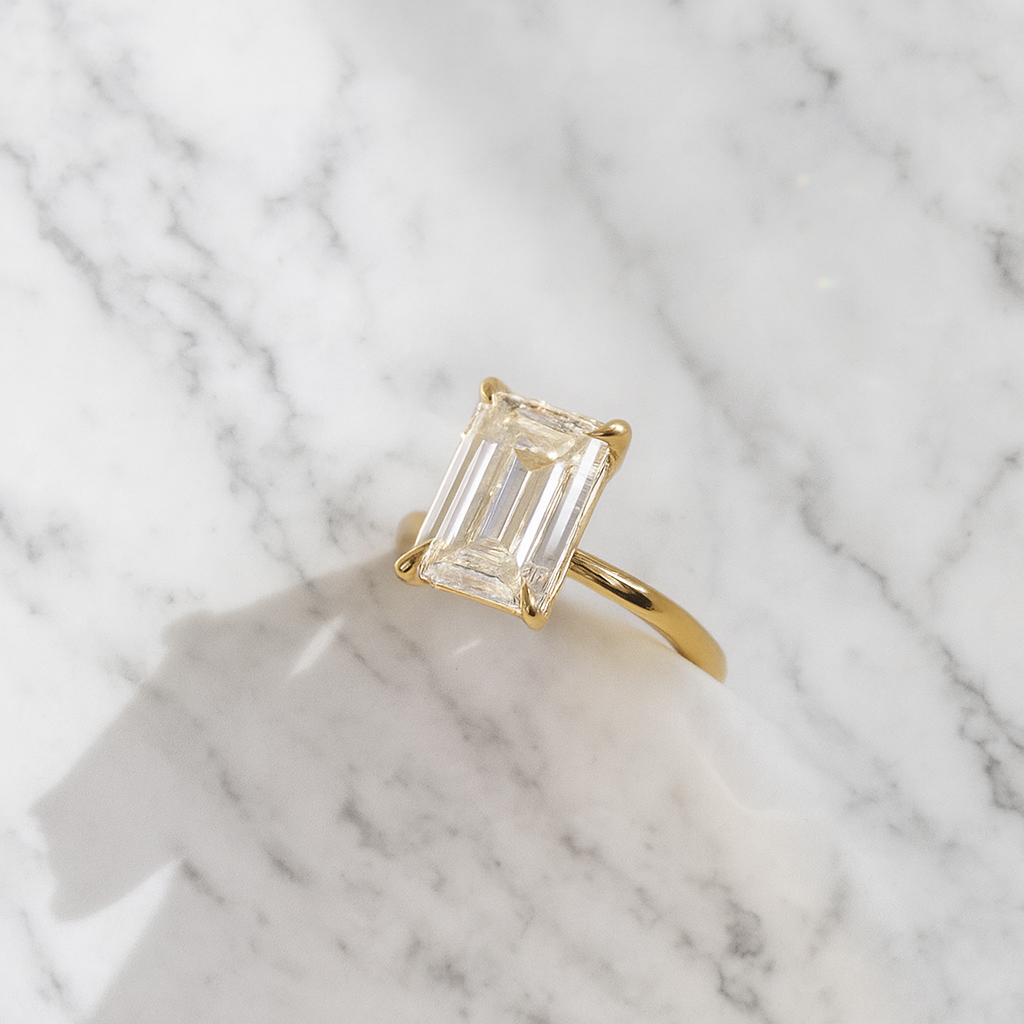 Classic Solitaire Emerald Engagement Ring | Lab Grown Diamond | 14K Yellow Gold Fine Bridal Jewelry