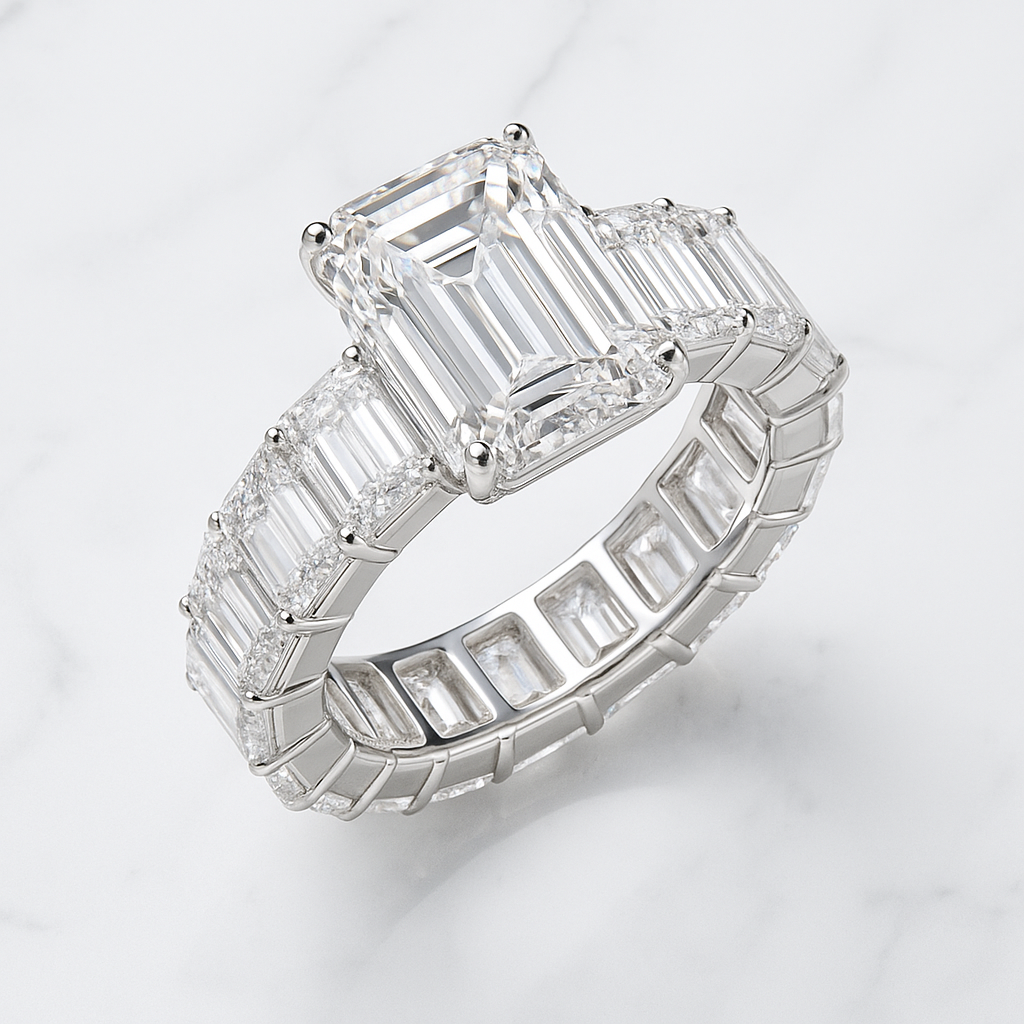 Elegant Emerald Shaped Engagement Ring | Lab Grown Diamond | 14K Yellow Gold Eternity Side Stone Design