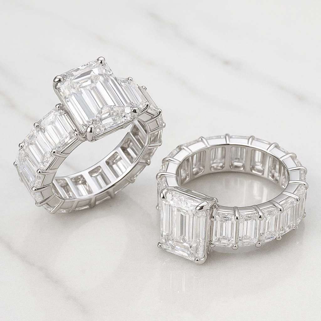 Elegant Emerald Shaped Engagement Ring | Lab Grown Diamond | 14K Yellow Gold Eternity Side Stone Design