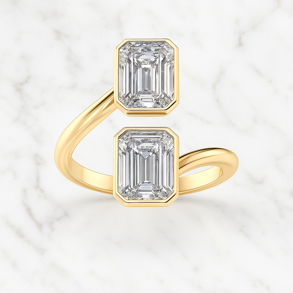 Bezel Bypass Double Emerald Cut Ring | Lab Grown Diamond | 14K Yellow Gold Classic Style