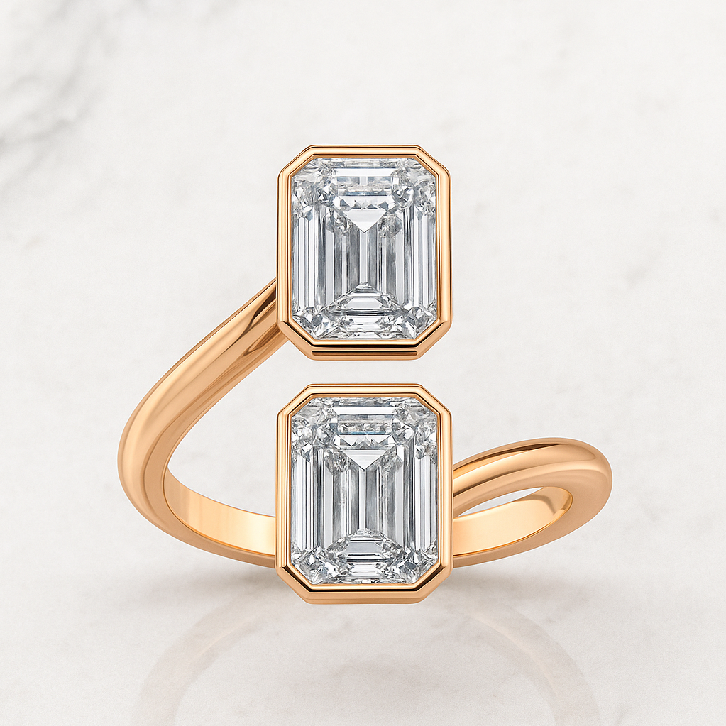 Bezel Bypass Double Emerald Cut Ring | Lab Grown Diamond | 14K Yellow Gold Classic Style