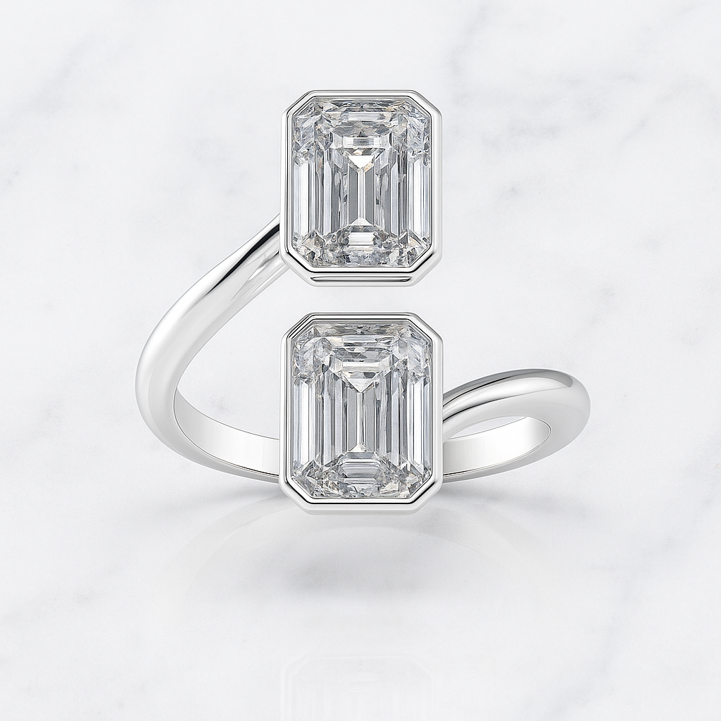 Bezel Bypass Double Emerald Cut Ring | Lab Grown Diamond | 14K Yellow Gold Classic Style