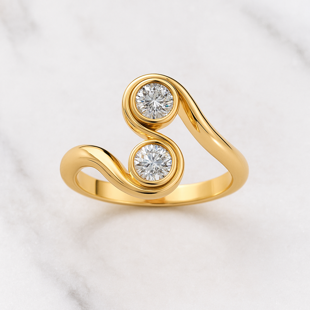 Two Round Cut Stone Swirl Ring | Lab Grown Diamond | 14K Yellow Gold Modern Ring