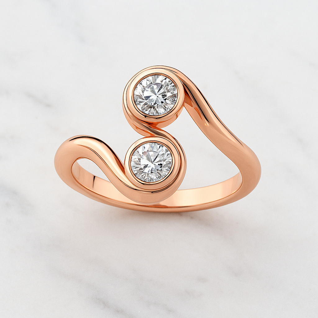 Two Round Cut Stone Swirl Ring | Lab Grown Diamond | 14K Yellow Gold Modern Ring