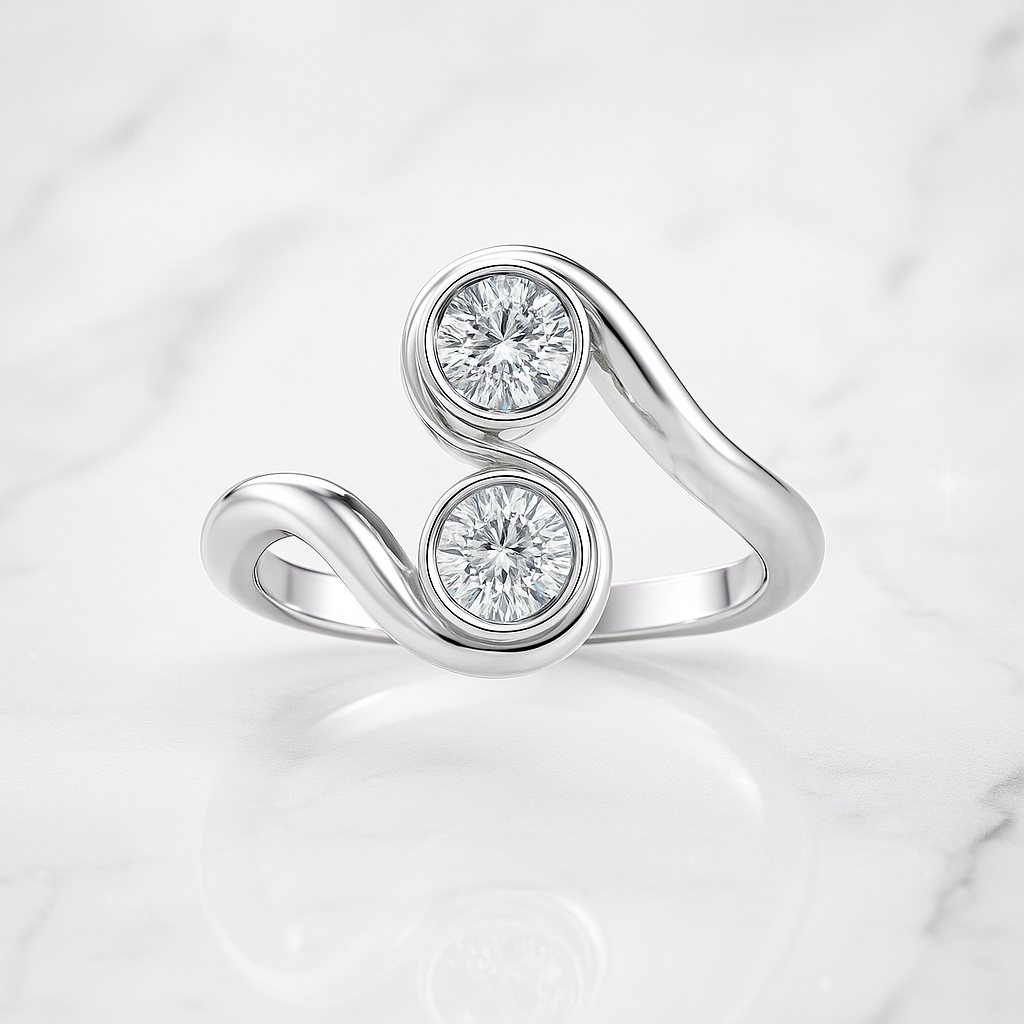 Two Round Cut Stone Swirl Ring | Lab Grown Diamond | 14K Yellow Gold Modern Ring