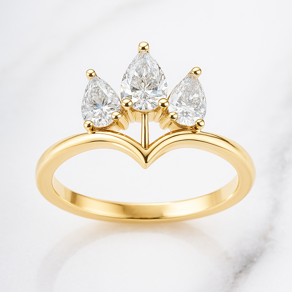 Crown Style Pear Cut Ring | Lab Grown Diamond | 14K Yellow Gold Classic Style