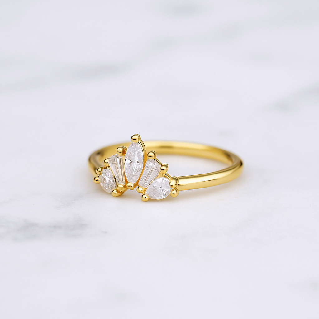 Curved Wedding Band | Lab Grown Diamond | Mixed Cut | 14K Gold Stacking Ring