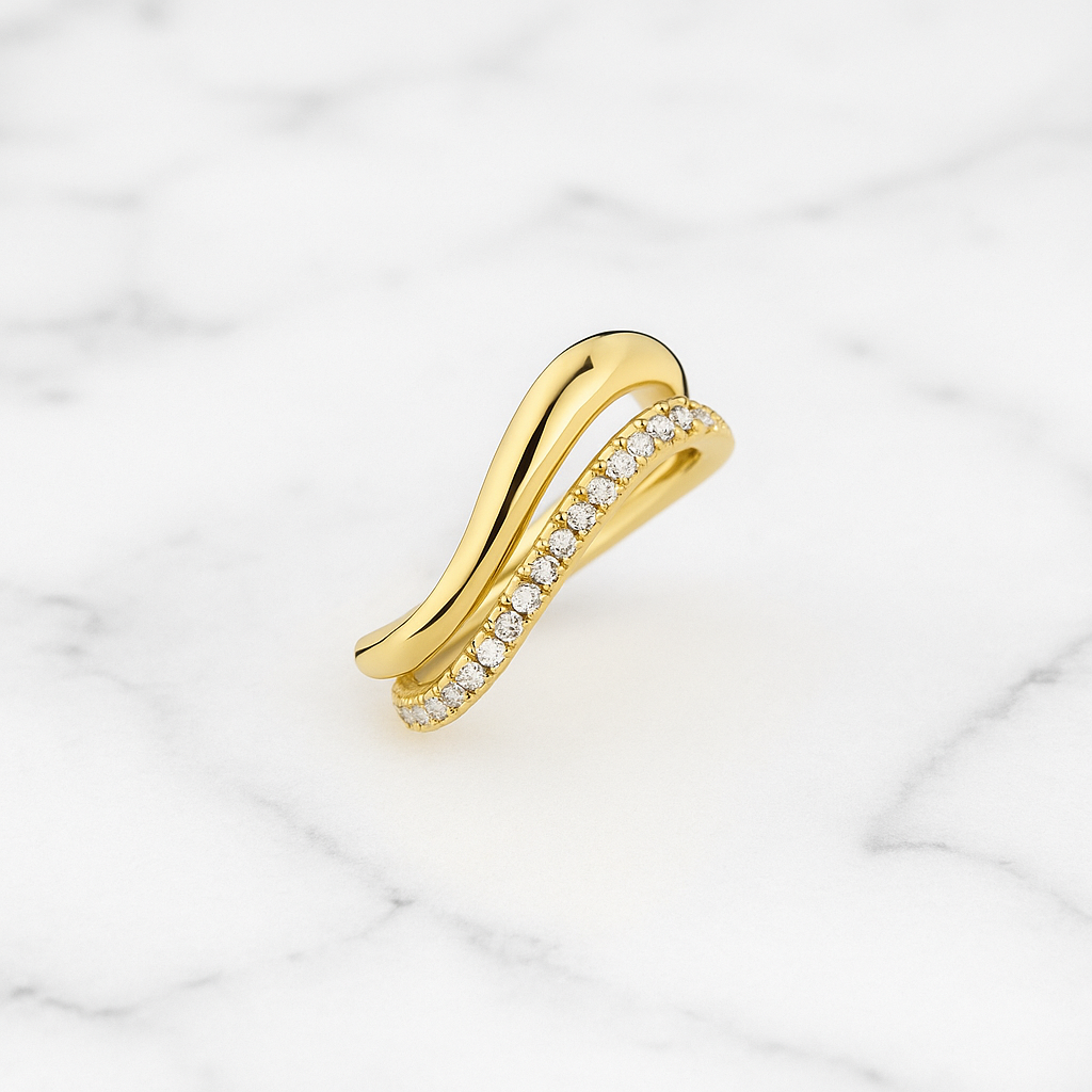 Double Wave Diamond Wedding Band | Lab Grown | 14K Gold | Stacking Ring