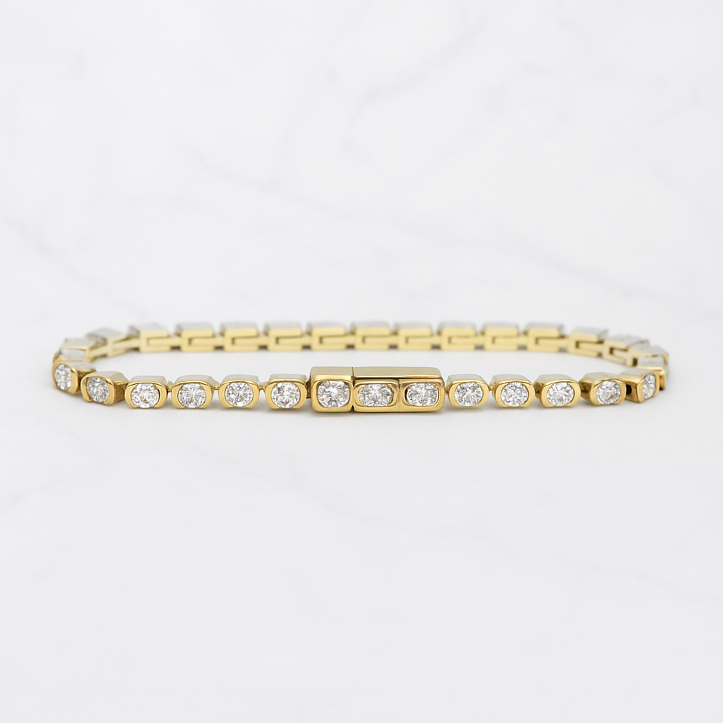 Oval Half Bezel Tennis Bracelet | Lab Grown Diamond | 14K Yellow Gold Modern Bracelet