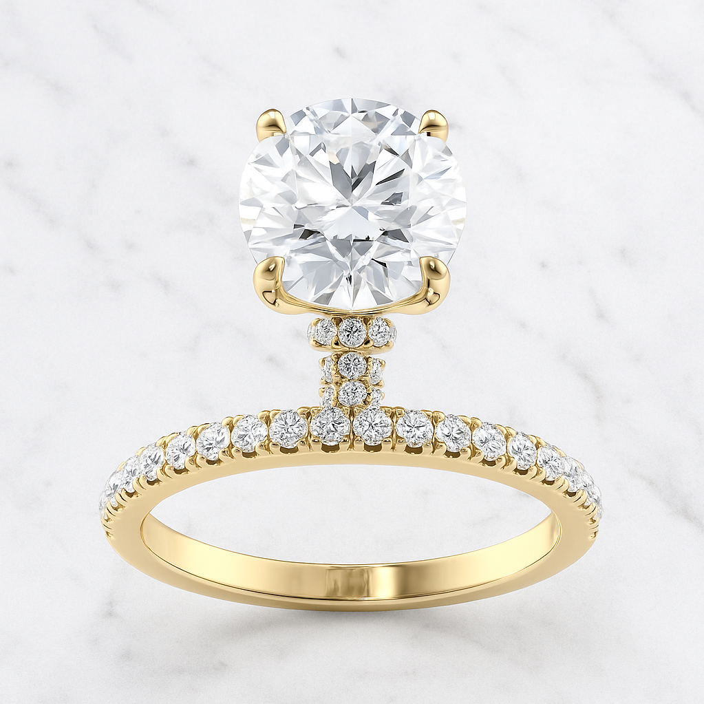 Round Brilliant Cut Engagement Ring with Hidden Halo & Pave Band | Lab Grown Diamond | 14K Yellow Gold