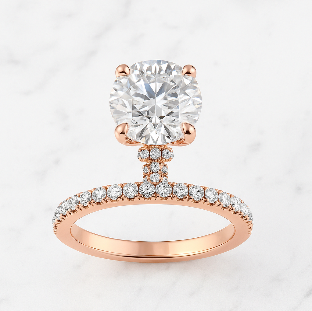 Round Brilliant Cut Engagement Ring with Hidden Halo & Pave Band | Lab Grown Diamond | 14K Yellow Gold
