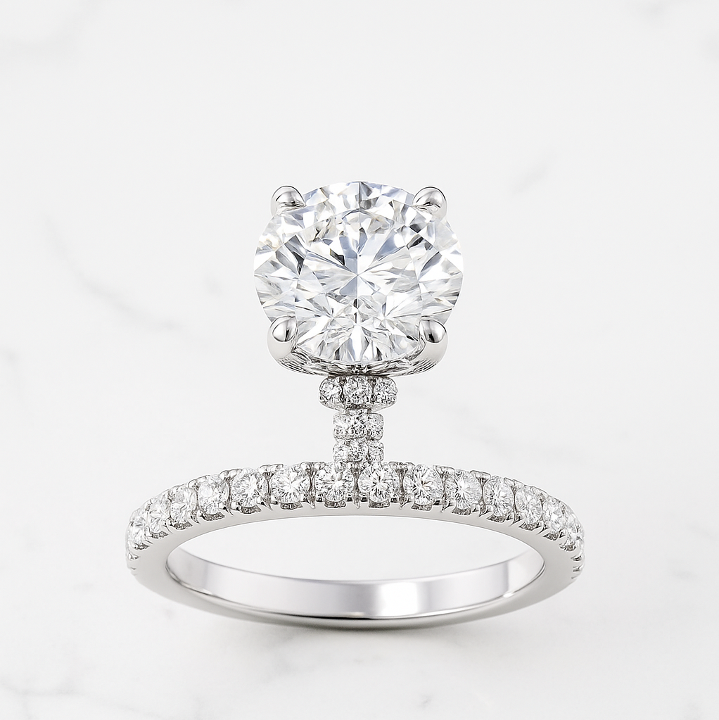 Round Brilliant Cut Engagement Ring with Hidden Halo & Pave Band | Lab Grown Diamond | 14K Yellow Gold