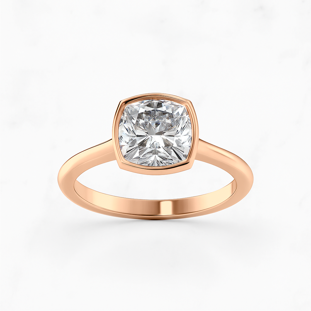 Cushion Cut Engagement Ring Bezel Setting | Lab Grown Diamond | 14K Yellow Gold Modern Ring