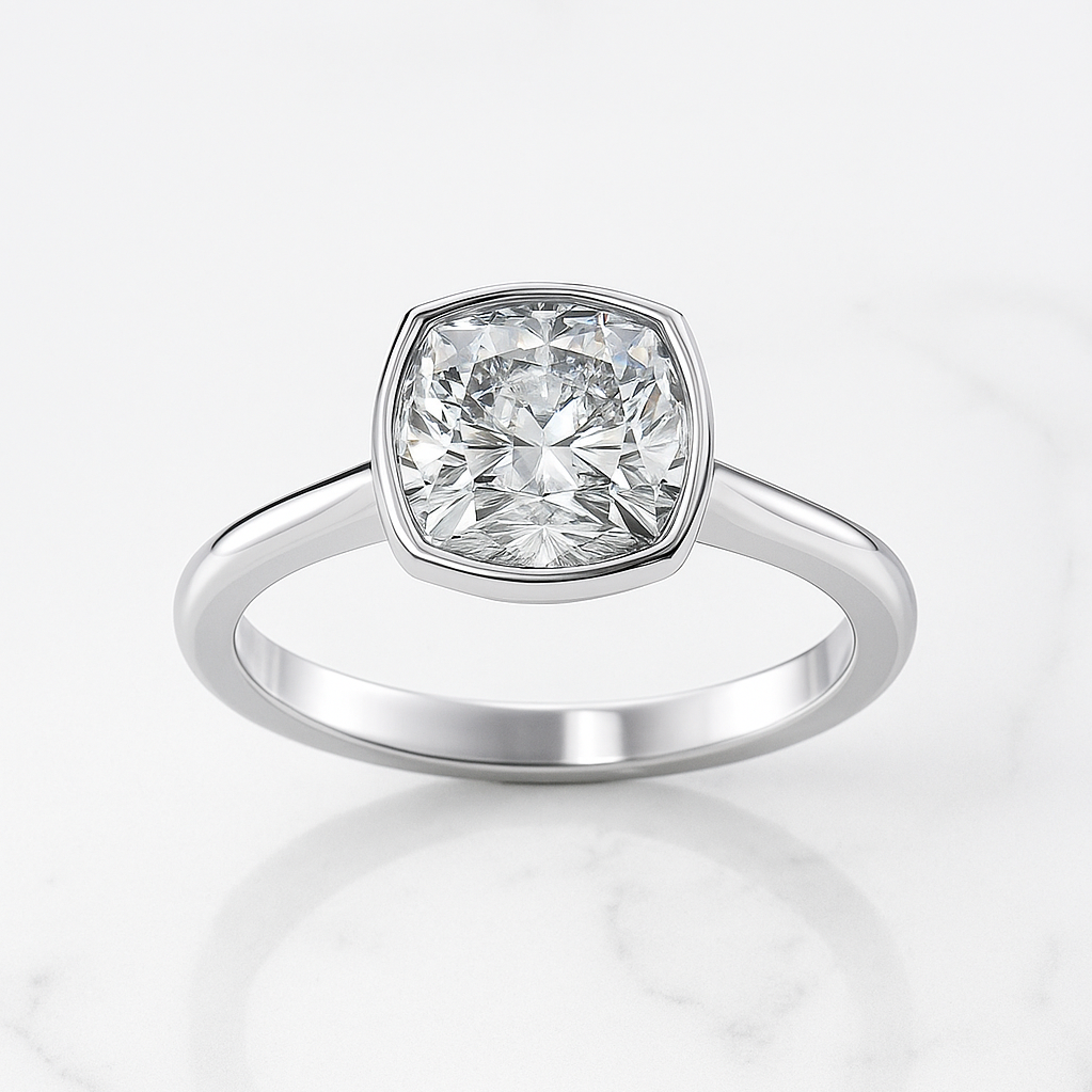 Cushion Cut Engagement Ring Bezel Setting | Lab Grown Diamond | 14K Yellow Gold Modern Ring
