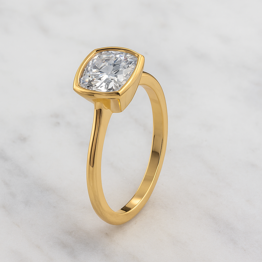 Cushion Cut Engagement Ring Bezel Setting | Lab Grown Diamond | 14K Yellow Gold Modern Ring