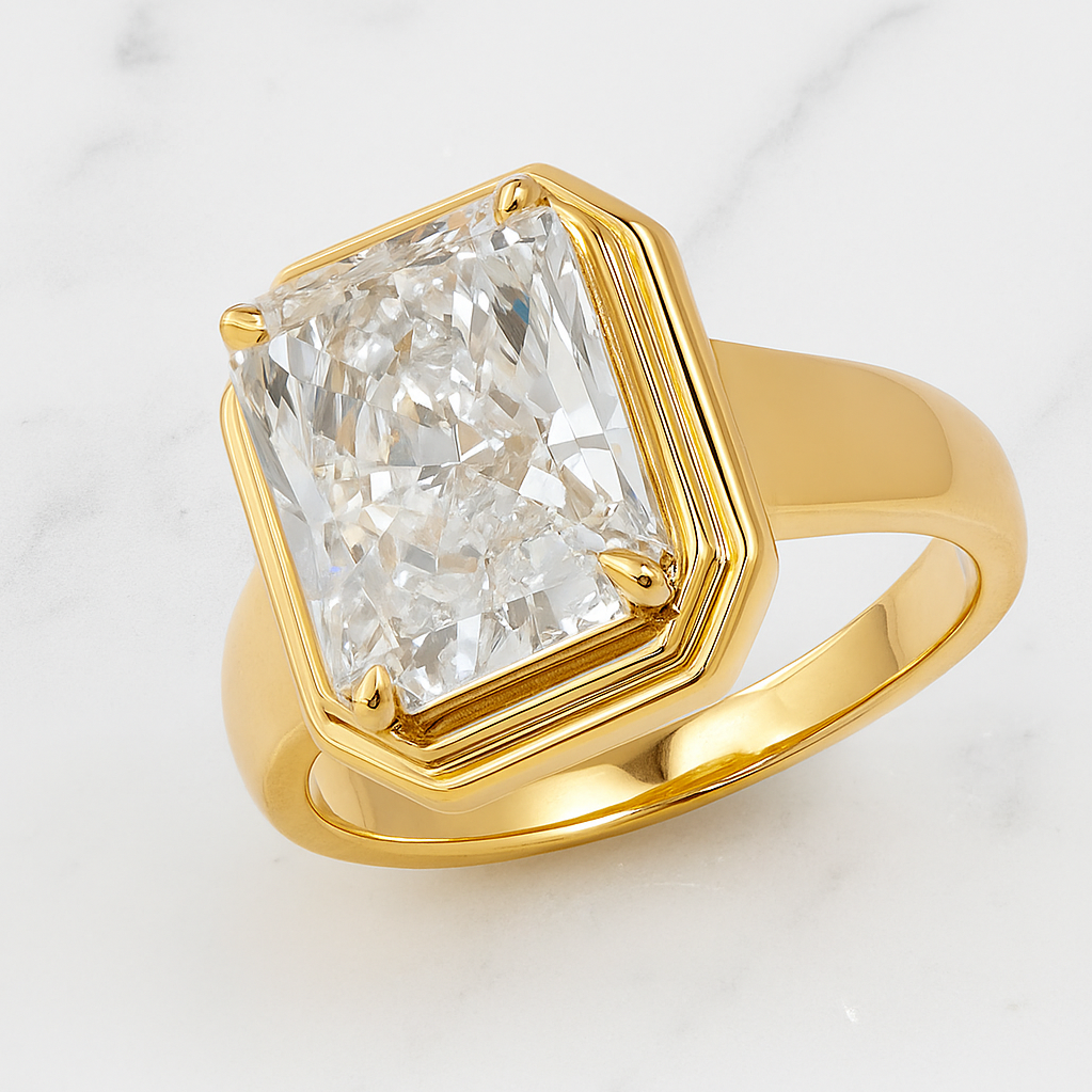 Modern Radiant Cut Bezel Set Ring | Lab Grown Diamond | 14K Yellow Gold Fine Jewelry