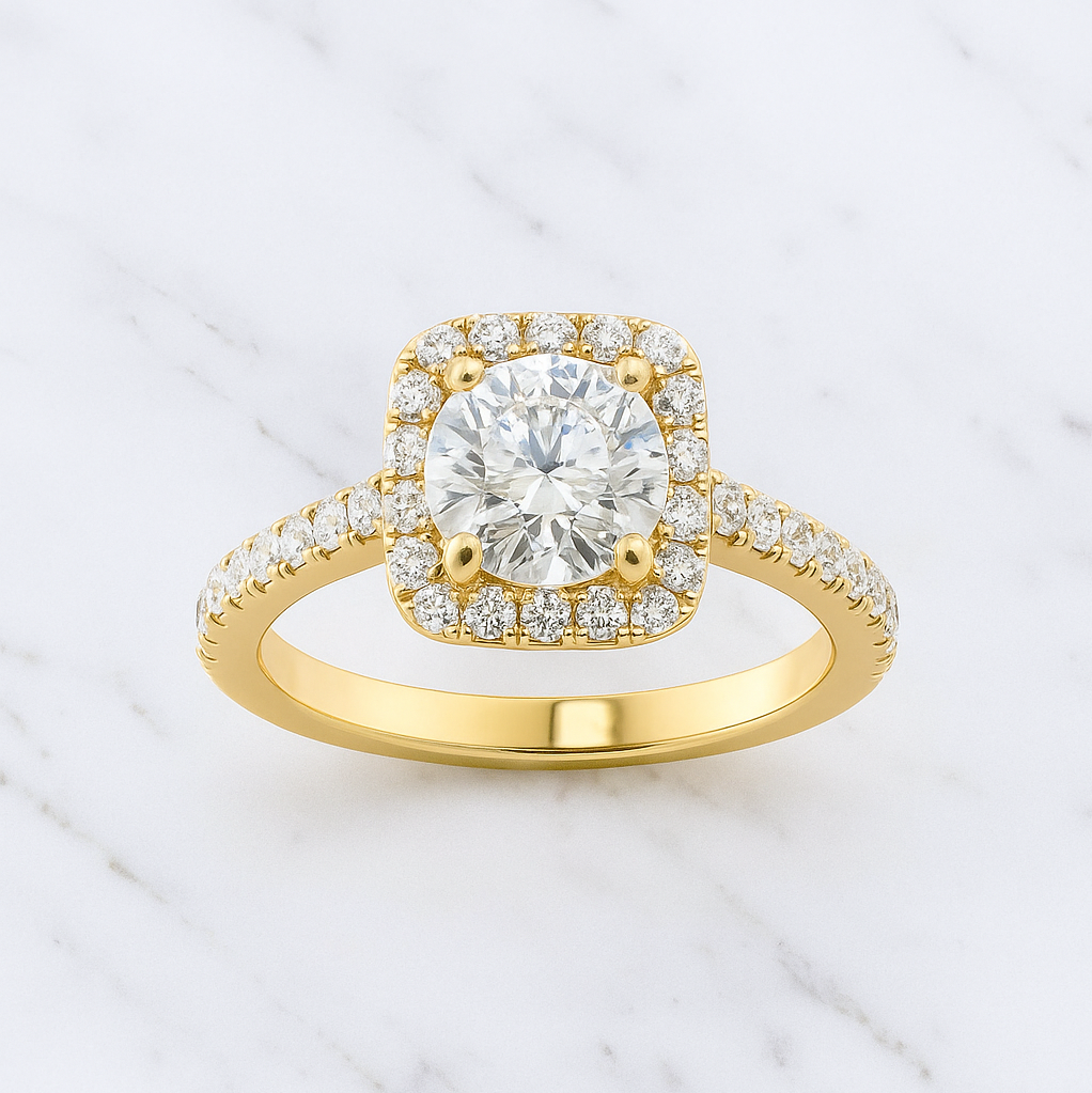 Classic Round Cut Halo Engagement Ring with Pave Band | Lab Grown Diamond | 14K Yellow Gold