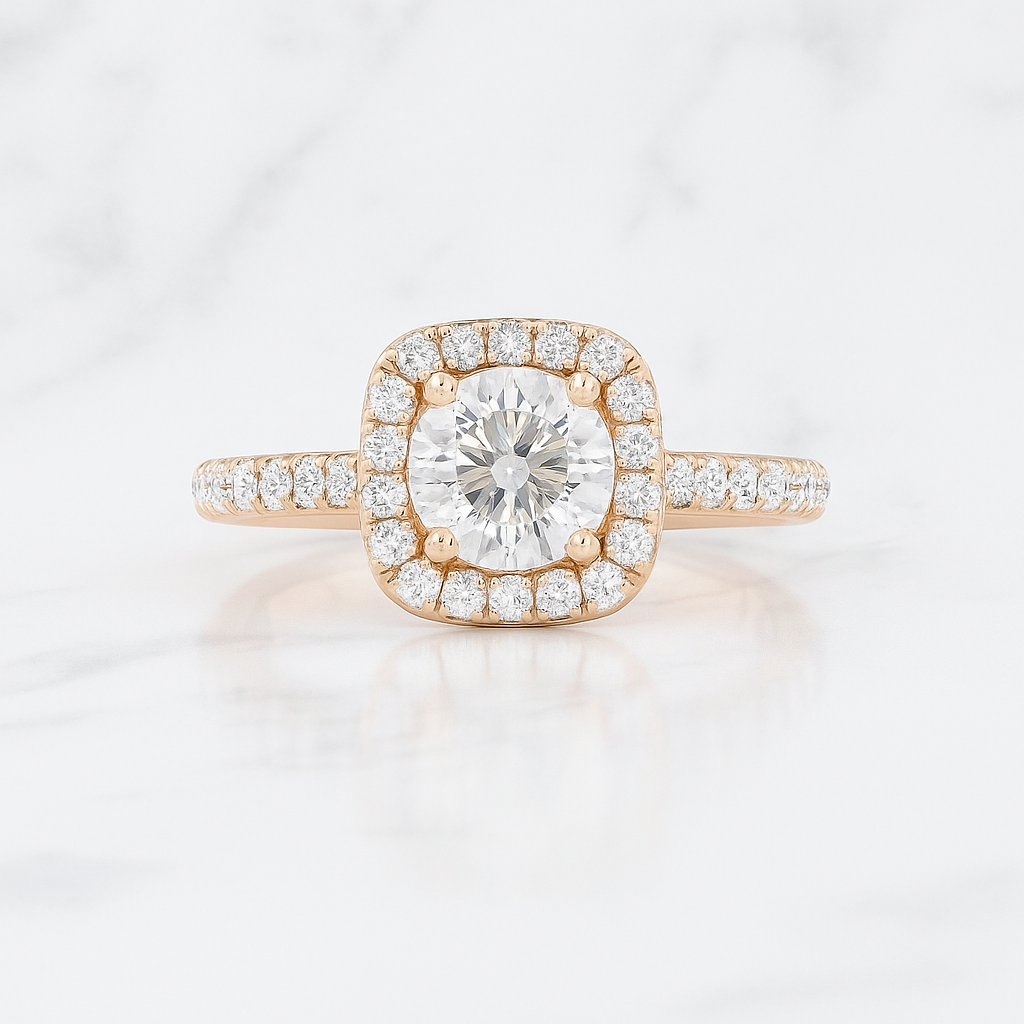 Classic Round Cut Halo Engagement Ring with Pave Band | Lab Grown Diamond | 14K Yellow Gold