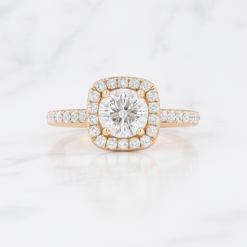 Classic Round Cut Halo Engagement Ring with Pave Band | Lab Grown Diamond | 14K Yellow Gold