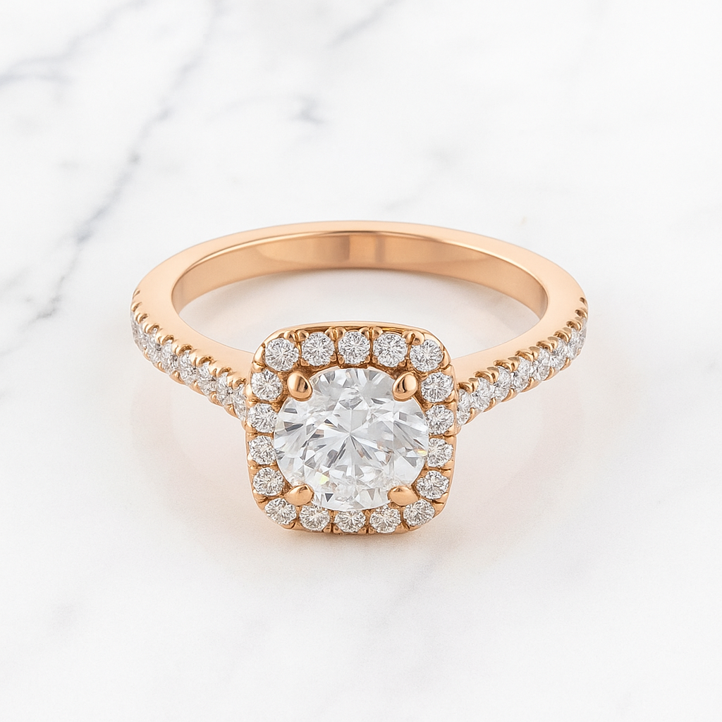 Classic Round Cut Halo Engagement Ring with Pave Band | Lab Grown Diamond | 14K Yellow Gold