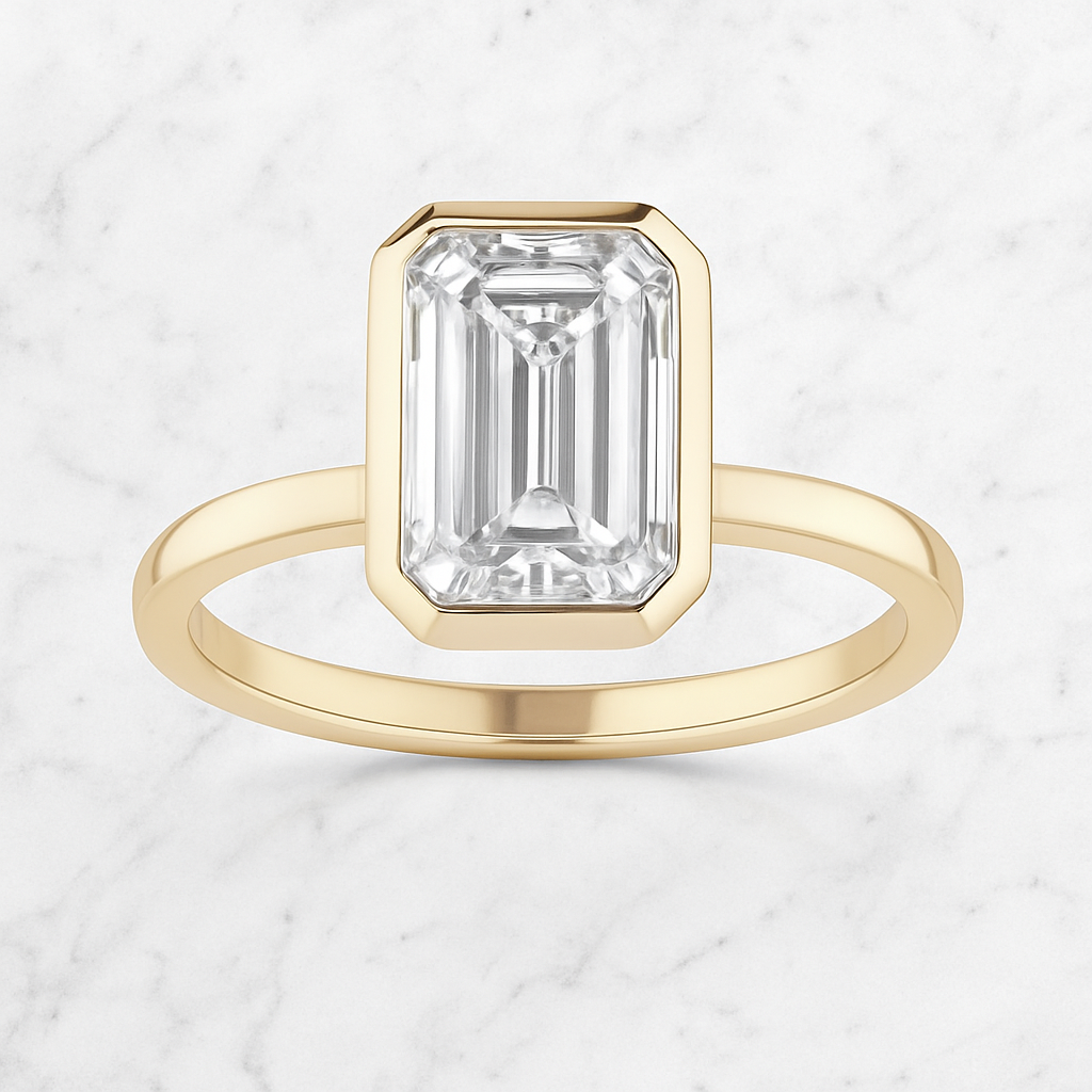Emerald Cut Solitaire Ring Bezel Setting | Lab Grown Diamond | 14K Yellow Gold