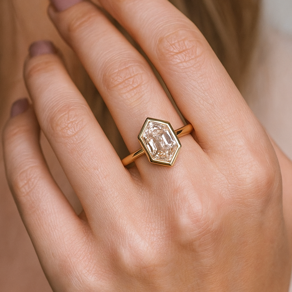 Unique Hexagon Shaped Diamond Ring | Lab Grown Diamond | 14K Yellow Gold Minimal Style