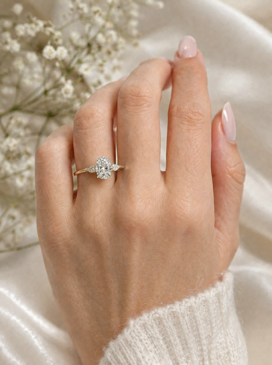 Oval Diamond Engagement Ring 2.05 Carat, Three Stone Diamond Ring, Oval Diamond Ring with Pear Side Stones, Gold Engagement Ring,Bridal Ring