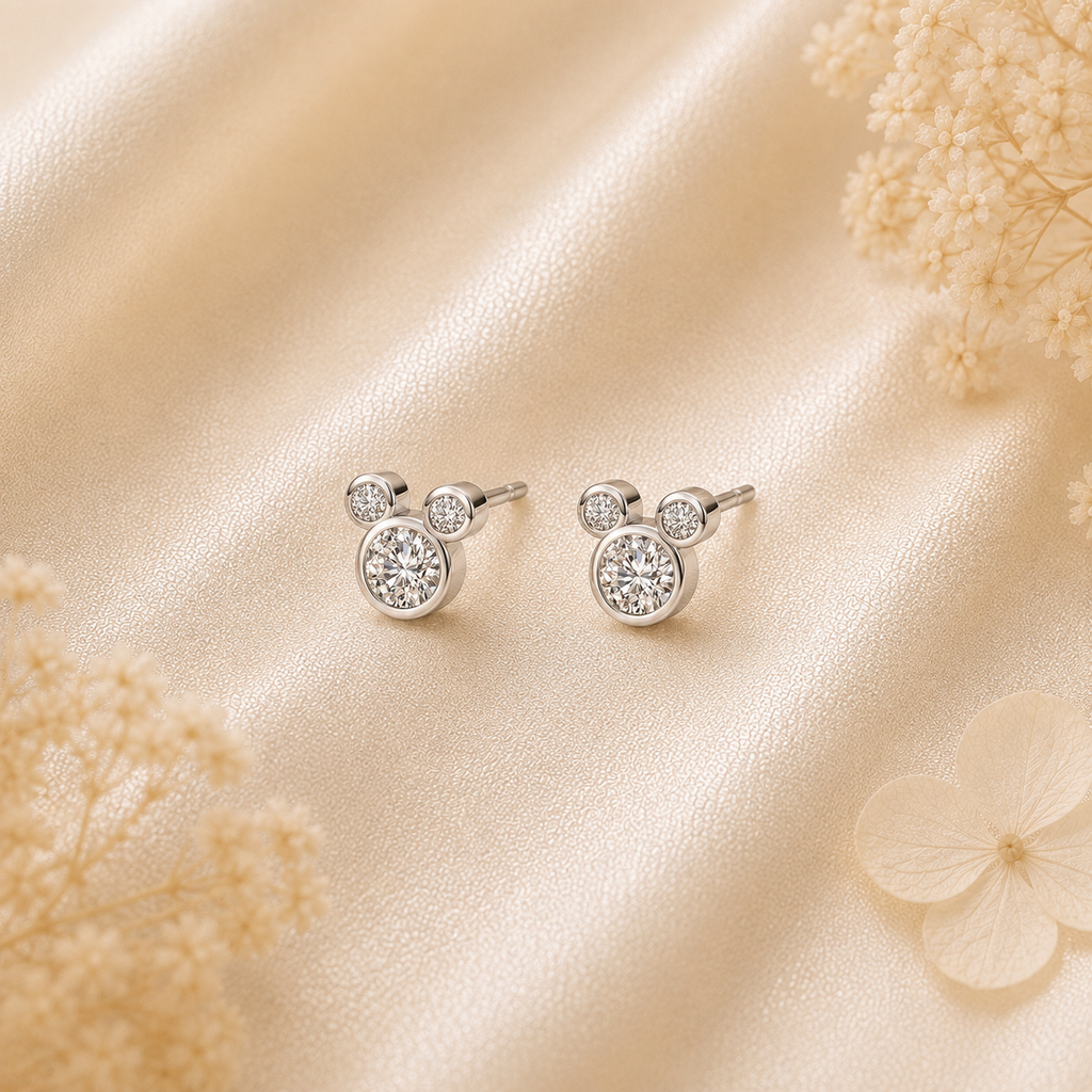 Mouse Silhouette Diamond Stud Earrings, Round Lab Grown Diamond Earrings, Cartoon Inspired Gold Studs, Minimal Diamond Earrings