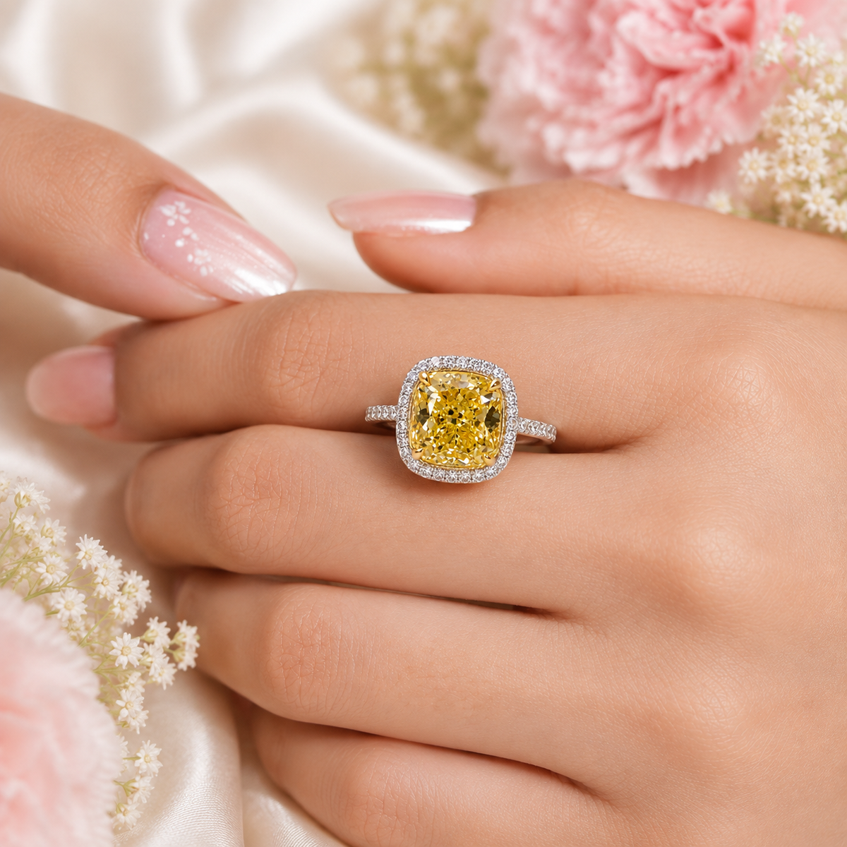 6 Carat Yellow Cushion Lab Grown Diamond Engagement Ring, Yellow Diamond Halo Ring, Cushion Cut Statement Ring, Pavé Gold Ring, 10K 14K 18K
