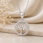 Tree of Life Lab Grown Diamond Necklace, Round Tree Pendant, Family Tree Necklace, Solid Gold Circle Pendant, Nature Inspired Necklace