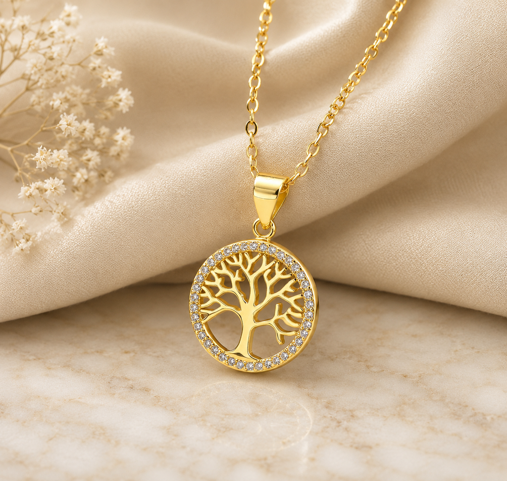 Tree of Life Lab Grown Diamond Necklace, Round Tree Pendant, Family Tree Necklace, Solid Gold Circle Pendant, Nature Inspired Necklace