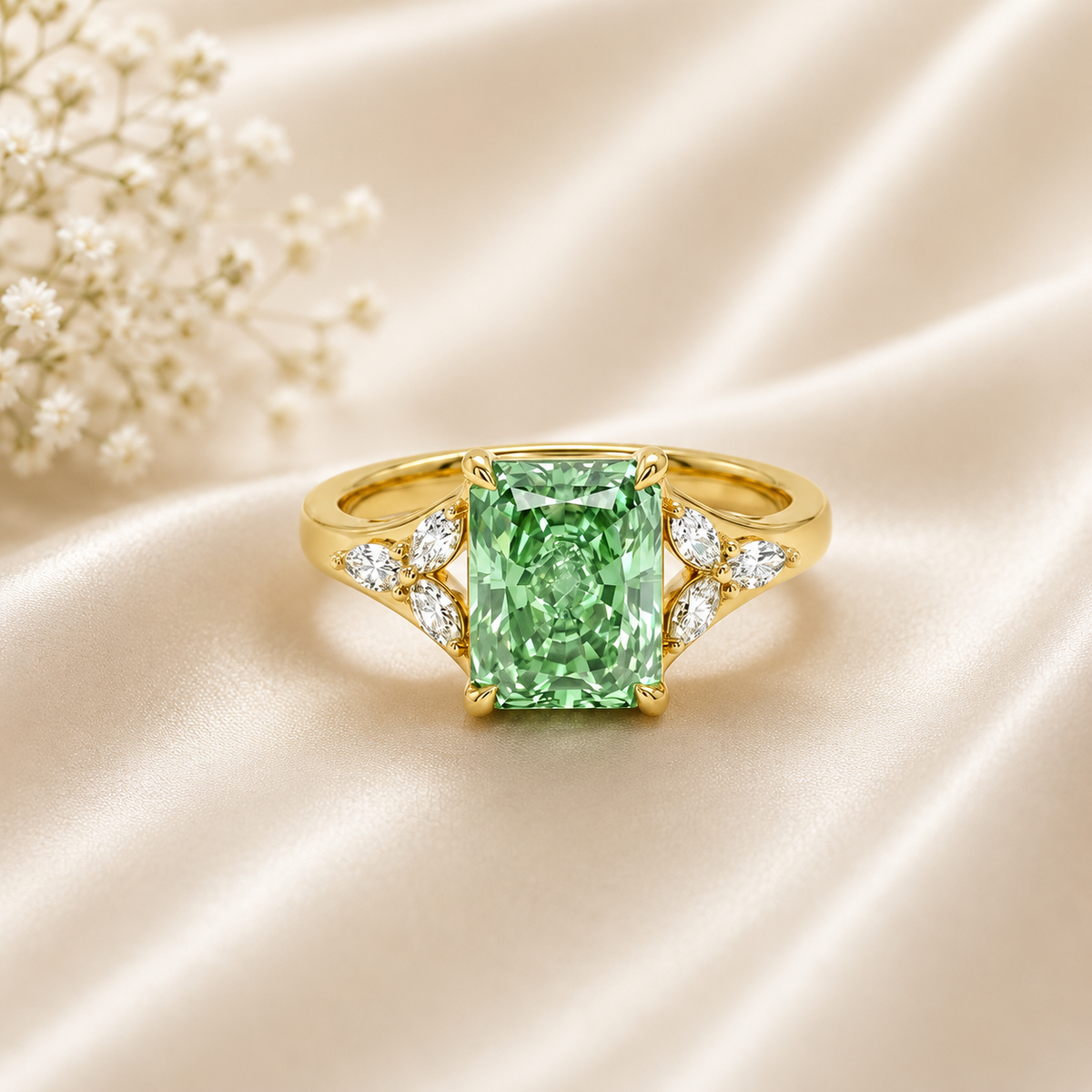 Green Radiant Lab Grown Diamond Ring, Radiant Cut Engagement Ring, Three Stone Diamond Ring, Solid Gold Ring, Marquise Side Stone Ring