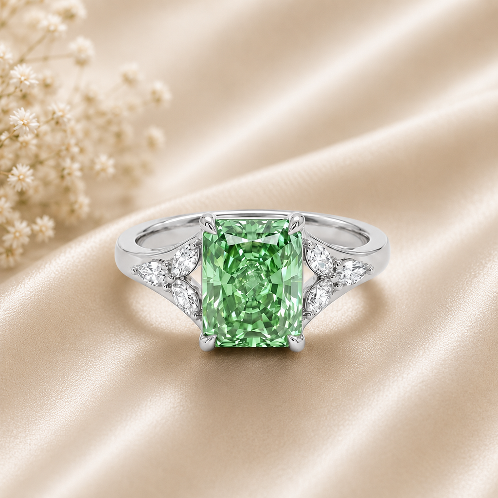 Green Radiant Lab Grown Diamond Ring, Radiant Cut Engagement Ring, Three Stone Diamond Ring, Solid Gold Ring, Marquise Side Stone Ring