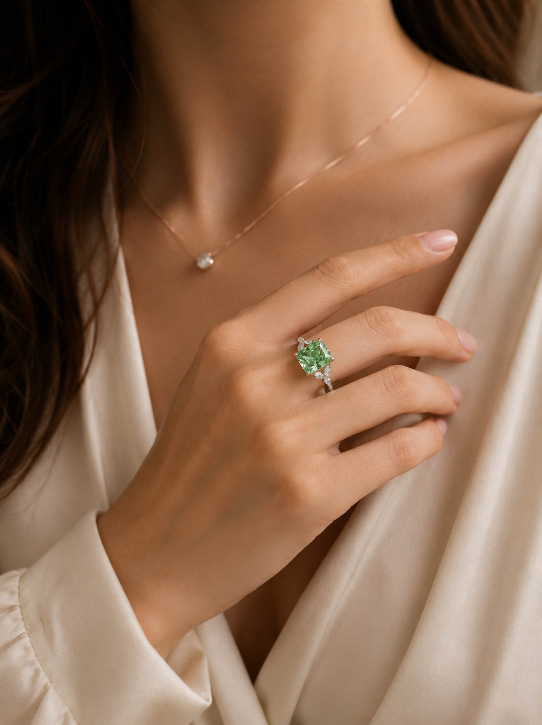 Green Radiant Lab Grown Diamond Ring, Radiant Cut Engagement Ring, Three Stone Diamond Ring, Solid Gold Ring, Marquise Side Stone Ring