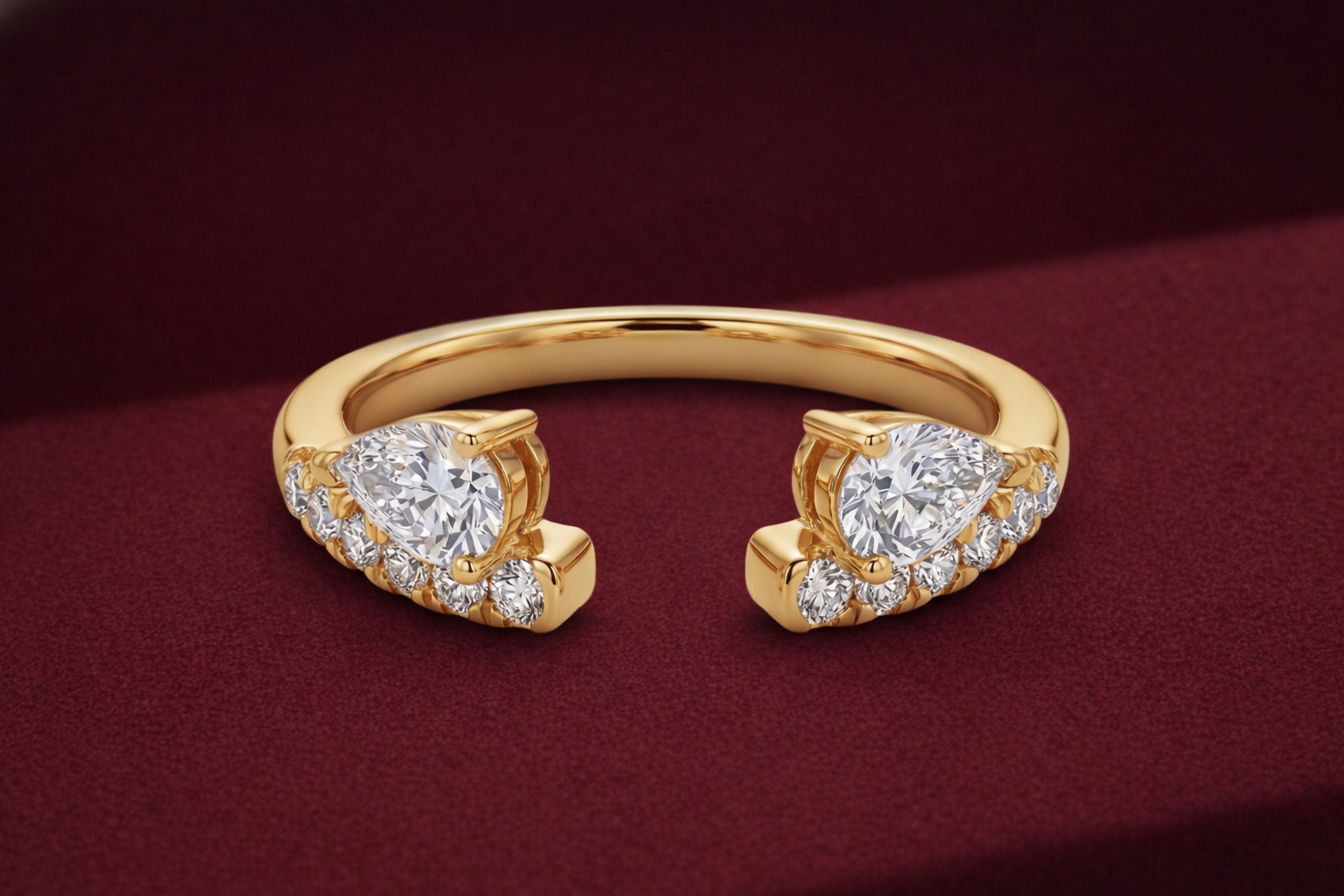 Open Cuff Diamond Band, Pear Diamond Open Ring, Pear and Round Diamond Band, Stackable Gold Diamond Ring, Minimalist Open Ring