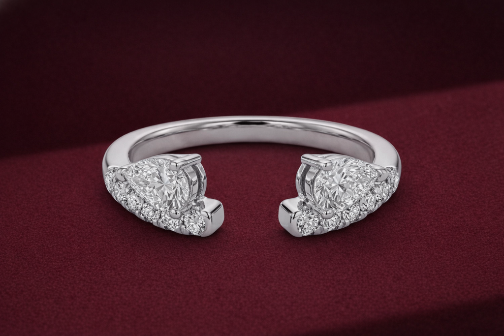 Open Cuff Diamond Stackable Band, Pear and Round Diamond Ring, Open Diamond Band, Stackable Gold Ring, Modern Diamond Band