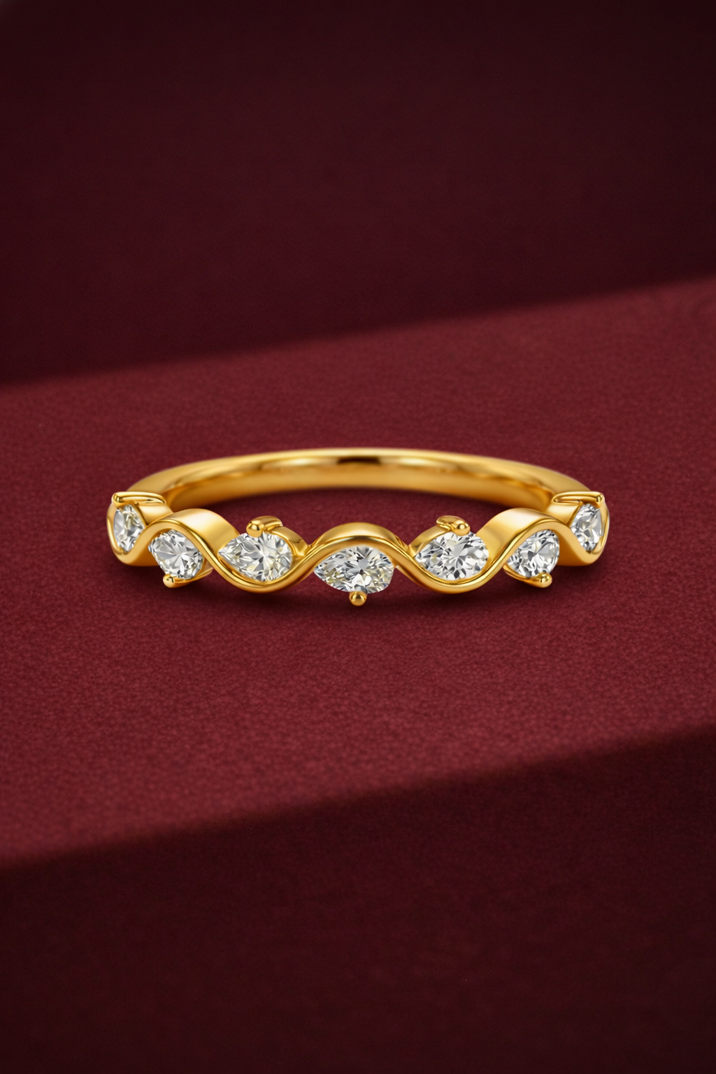 Pear Diamond Wave Band 0.35 Carat, Curved Diamond Wedding Band, Wave Stackable Ring, Unique Diamond Band, Gold Diamond Ring