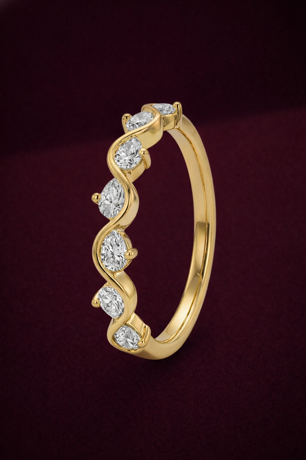 Pear Diamond Wave Band 0.35 Carat, Curved Diamond Wedding Band, Wave Stackable Ring, Unique Diamond Band, Gold Diamond Ring