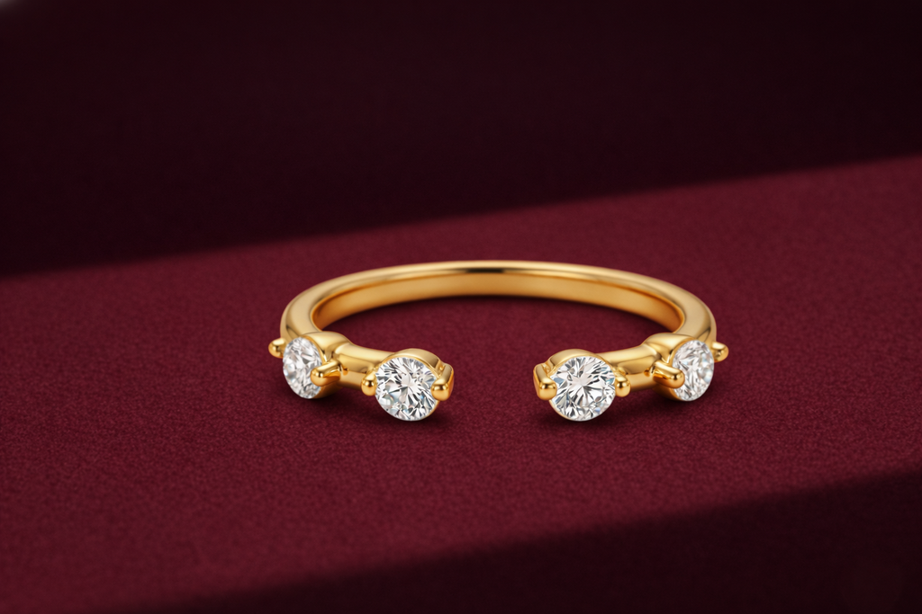 Open Cuff Diamond Band 0.18 CT, Dewdrop Diamond Ring, Minimalist Open Ring, Round Diamond Stackable Band, Dainty Gold Ring