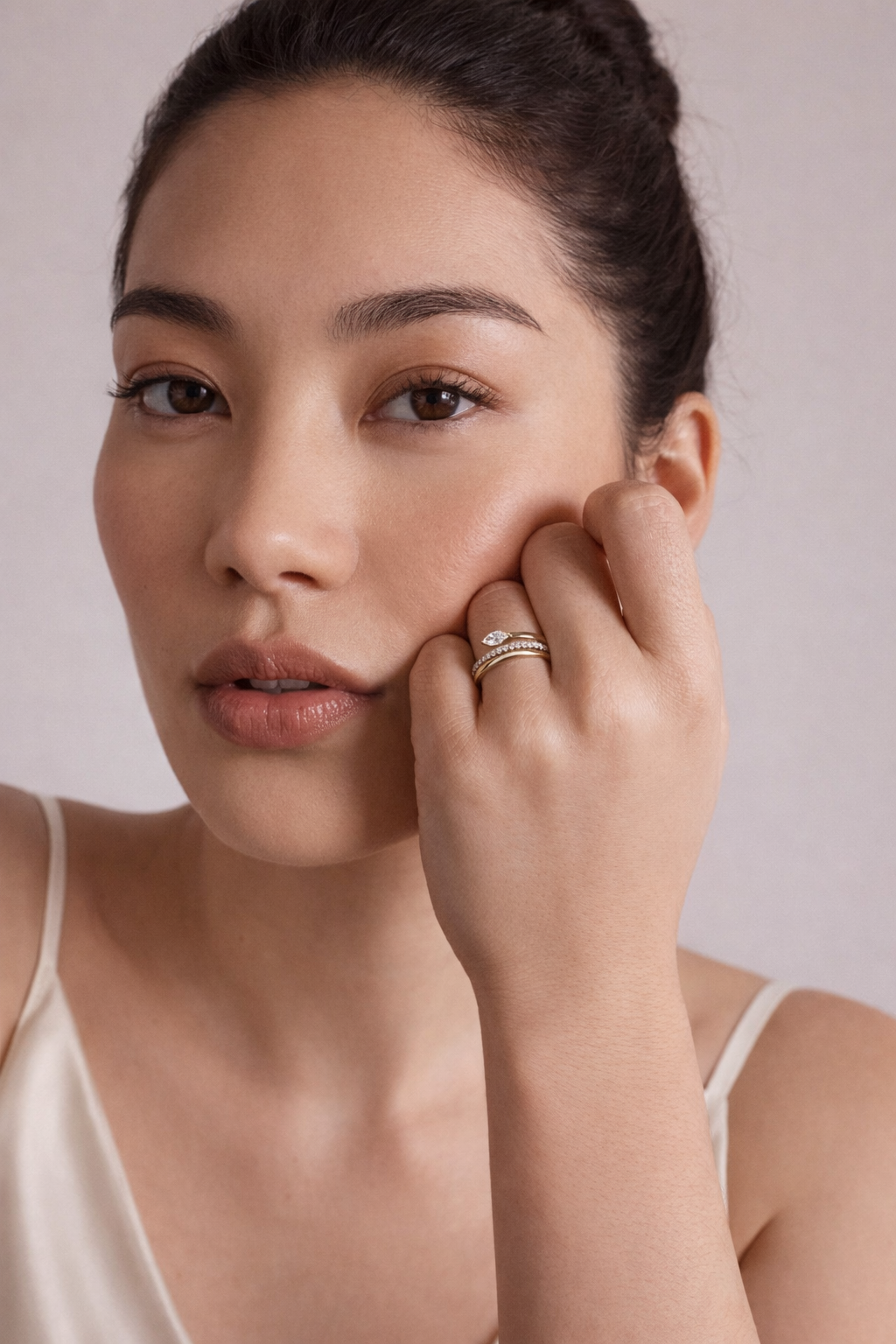 Marquise and Round Diamond Ring, Curved Diamond Band Ring, Minimalist Diamond Ring, Prong Set Diamond Ring, Stackable Gold Diamond Ring