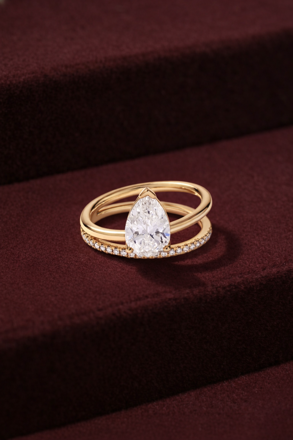 Pear Shape Diamond Engagement Ring, Pear Diamond Ring with Pave Band, Prong Set Diamond Ring, Minimalist Pear Diamond Ring, Gold Ring