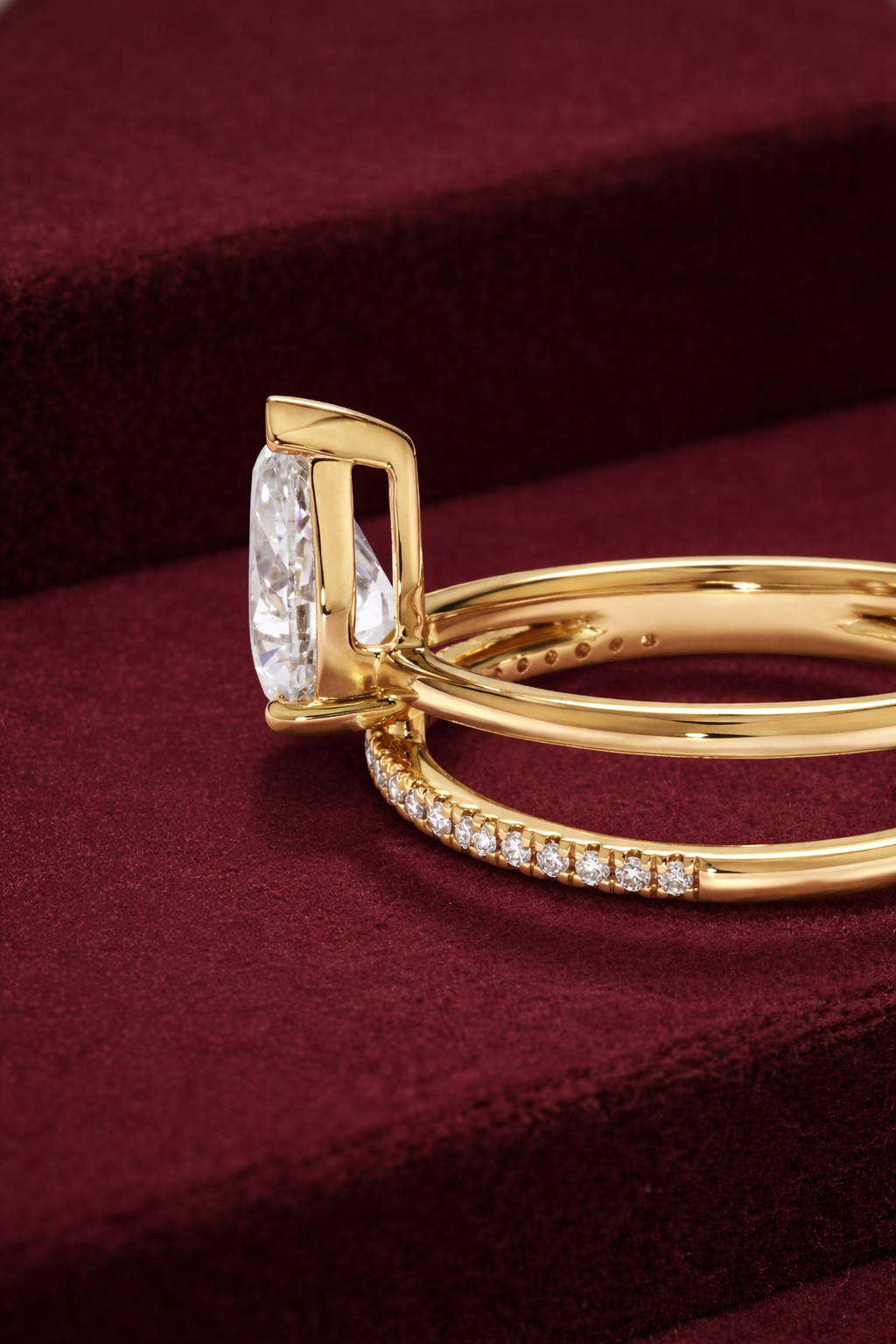 Pear Shape Diamond Engagement Ring, Pear Diamond Ring with Pave Band, Prong Set Diamond Ring, Minimalist Pear Diamond Ring, Gold Ring