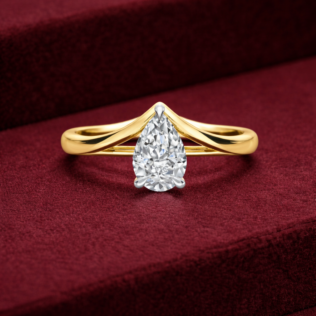 Pear Shape Diamond Engagement Ring, Chevron Band Diamond Ring, Pear Solitaire Diamond Ring, Prong Set Diamond Ring, Minimalist Gold Ring