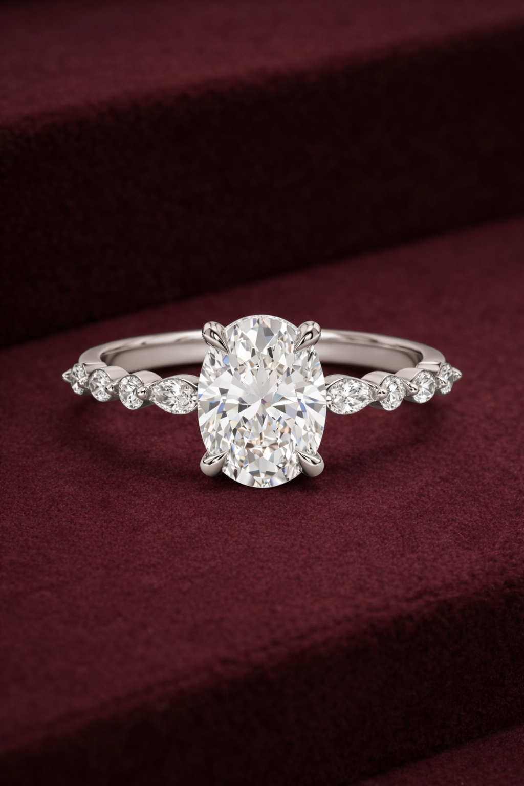 Cushion Cut Diamond Engagement Ring, Cushion Diamond Ring with Marquise and Round Side Stones, Tiger Prong Diamond Ring, Unique Diamond Ring