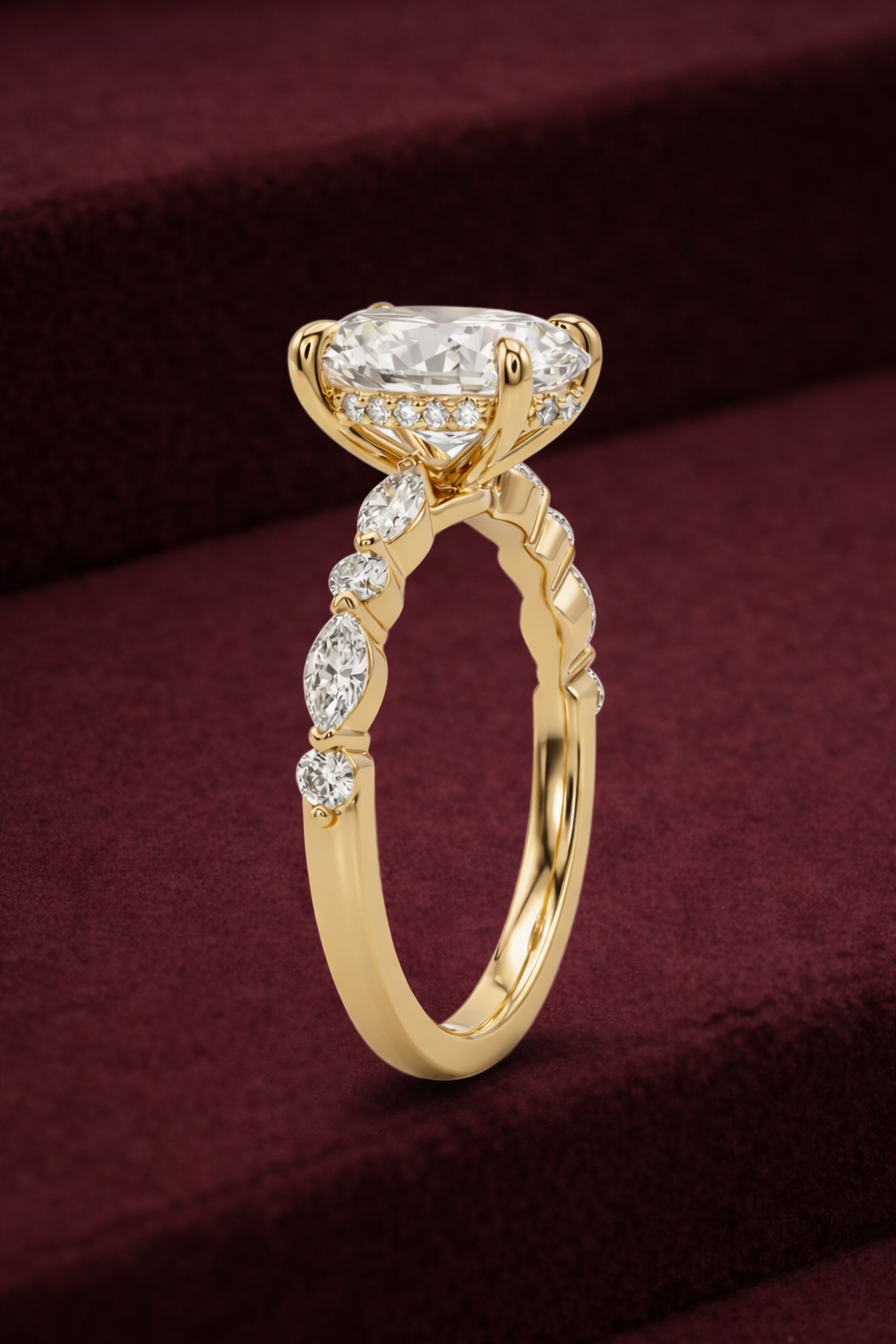 Cushion Cut Diamond Engagement Ring, Cushion Diamond Ring with Marquise and Round Side Stones, Tiger Prong Diamond Ring, Unique Diamond Ring