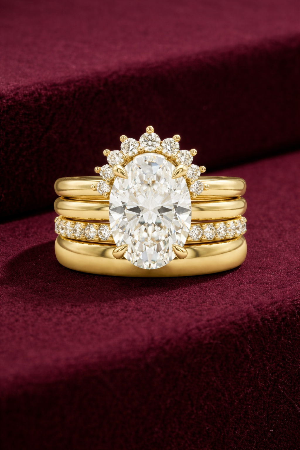 Oval Diamond Halo Stackable Ring Set, Oval Cut Diamond Engagement Ring, 4 Band Stack Ring, Tiger Prong Diamond Ring, Pave Diamond Ring