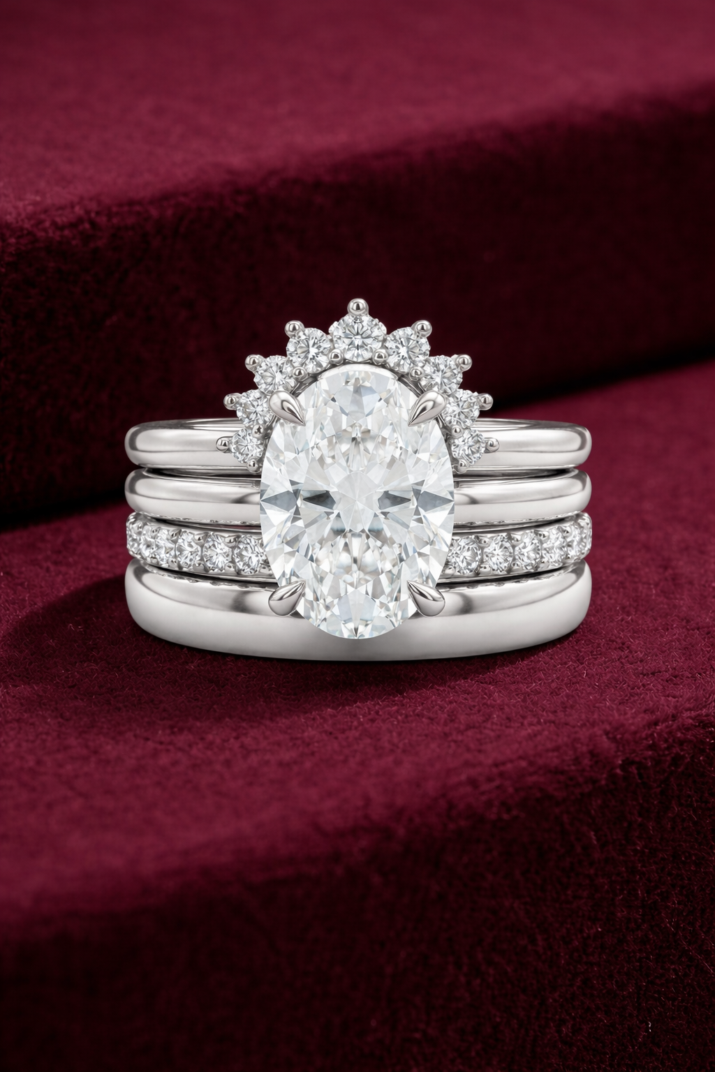 Oval Diamond Halo Stackable Ring Set, Oval Cut Diamond Engagement Ring, 4 Band Stack Ring, Tiger Prong Diamond Ring, Pave Diamond Ring
