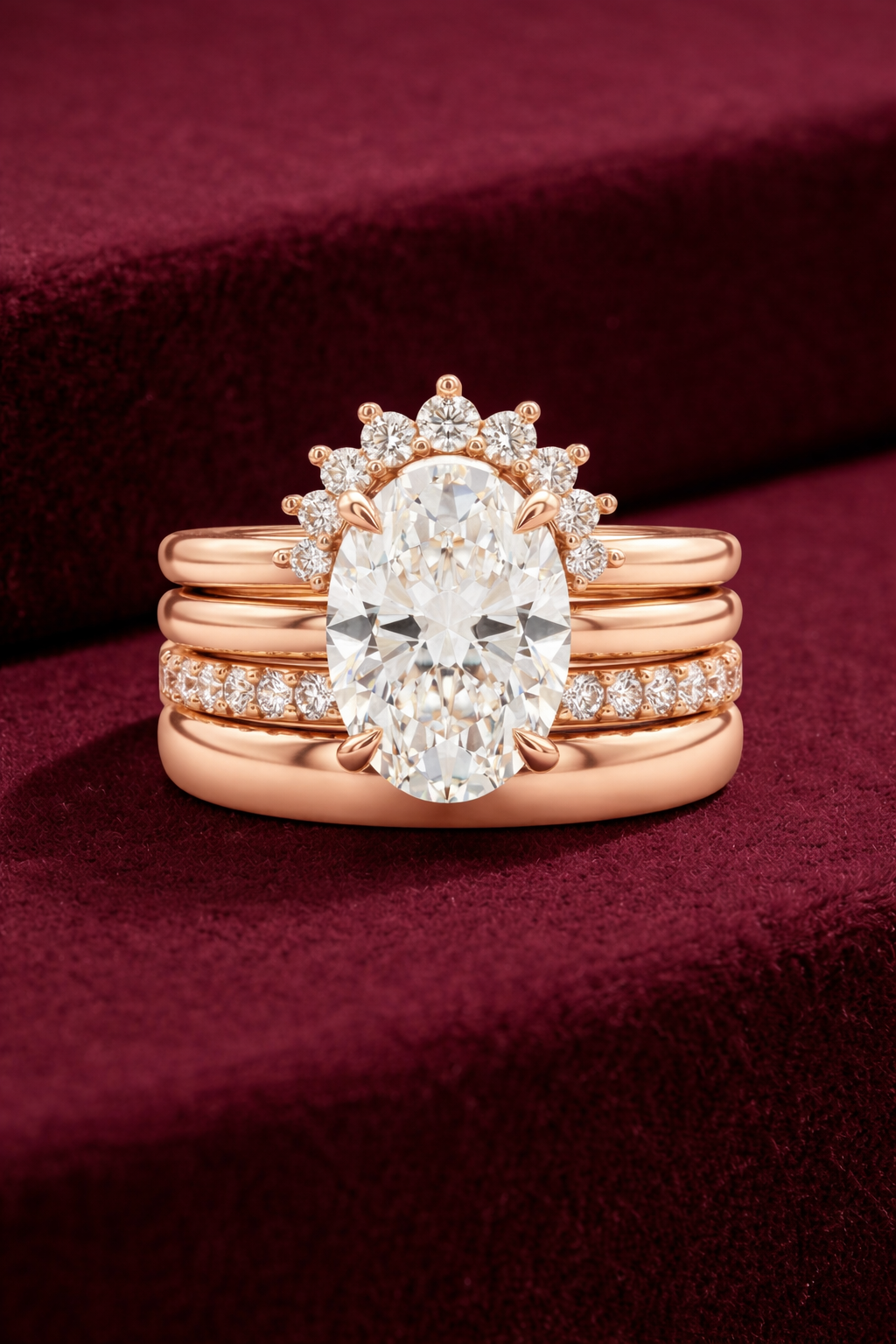 Oval Diamond Halo Stackable Ring Set, Oval Cut Diamond Engagement Ring, 4 Band Stack Ring, Tiger Prong Diamond Ring, Pave Diamond Ring